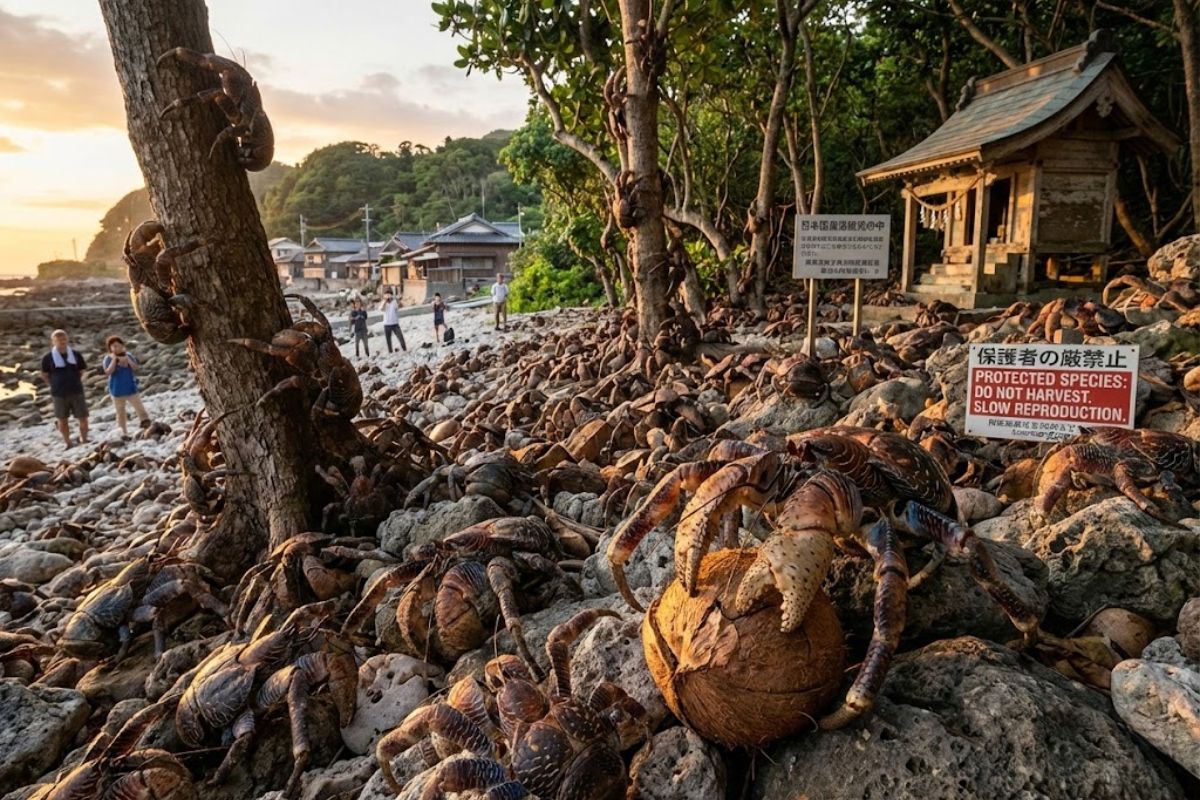 Coconut crabs in Japan: environmental laws prohibit their consumption. The strength of their claws, slow reproduction rate, and risk of extinction explain the protection.