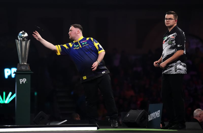 Luke Littler in action against Gian van Veen at the Alexandra Palace. Photograph: John Walton/PA
