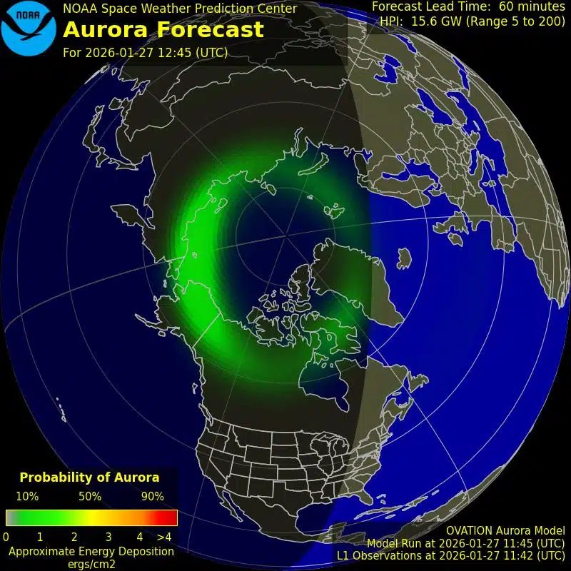 Noaa Aurora Forecast For January 27, 2026, Showing Southern Lights Activity Around Antarctica, With Higher Intensity In Green To Red Zones.