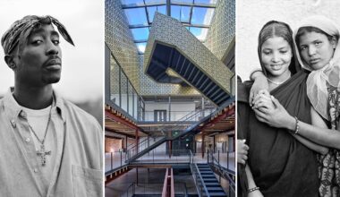 A collage with three images: a man with a bandana and a cross necklace, a modern building interior with a geometric staircase, and two women in traditional clothing smiling and standing close together.