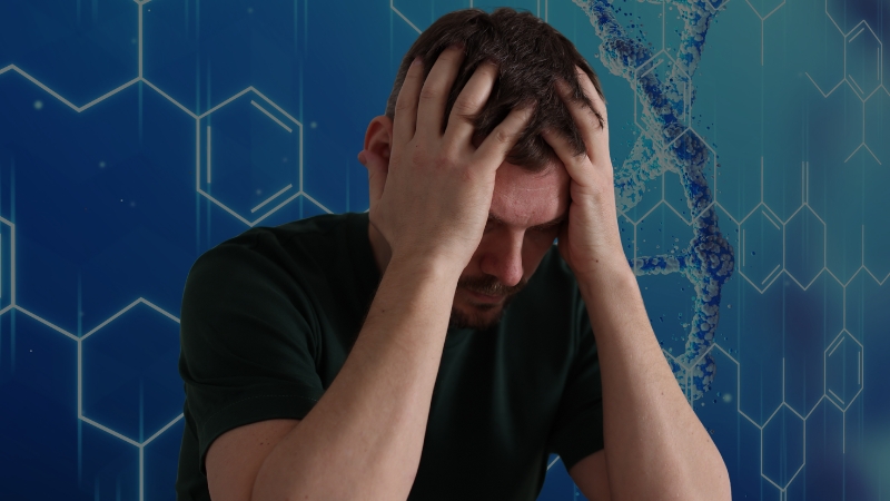 Man holding his head in distress with a DNA graphic background, symbolizing genetic links to depression