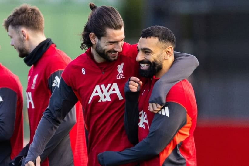 LIVERPOOL, ENGLAND - Monday, December 8, 2025: Liverpool's Dominik Szoboszlai (L) and Mohamed Salah during a training session at the AXA Training Centre ahead of the UEFA Champions League match between FC Internazionale Milano and Liverpool FC. (Photo by Jessica Hornby/Propaganda)