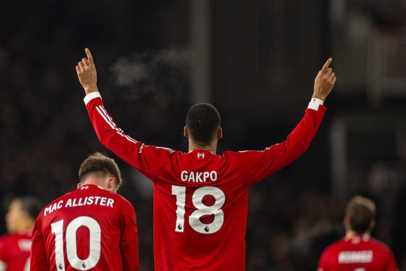 LONDON, ENGLAND - Sunday, January 4, 2026: Liverpool's Cody Gakpo celebrates after scoring his side's second goal during the FA Premier League match between Fulham FC and Liverpool FC at Craven Cottage. (Photo by David Rawcliffe/Propaganda)