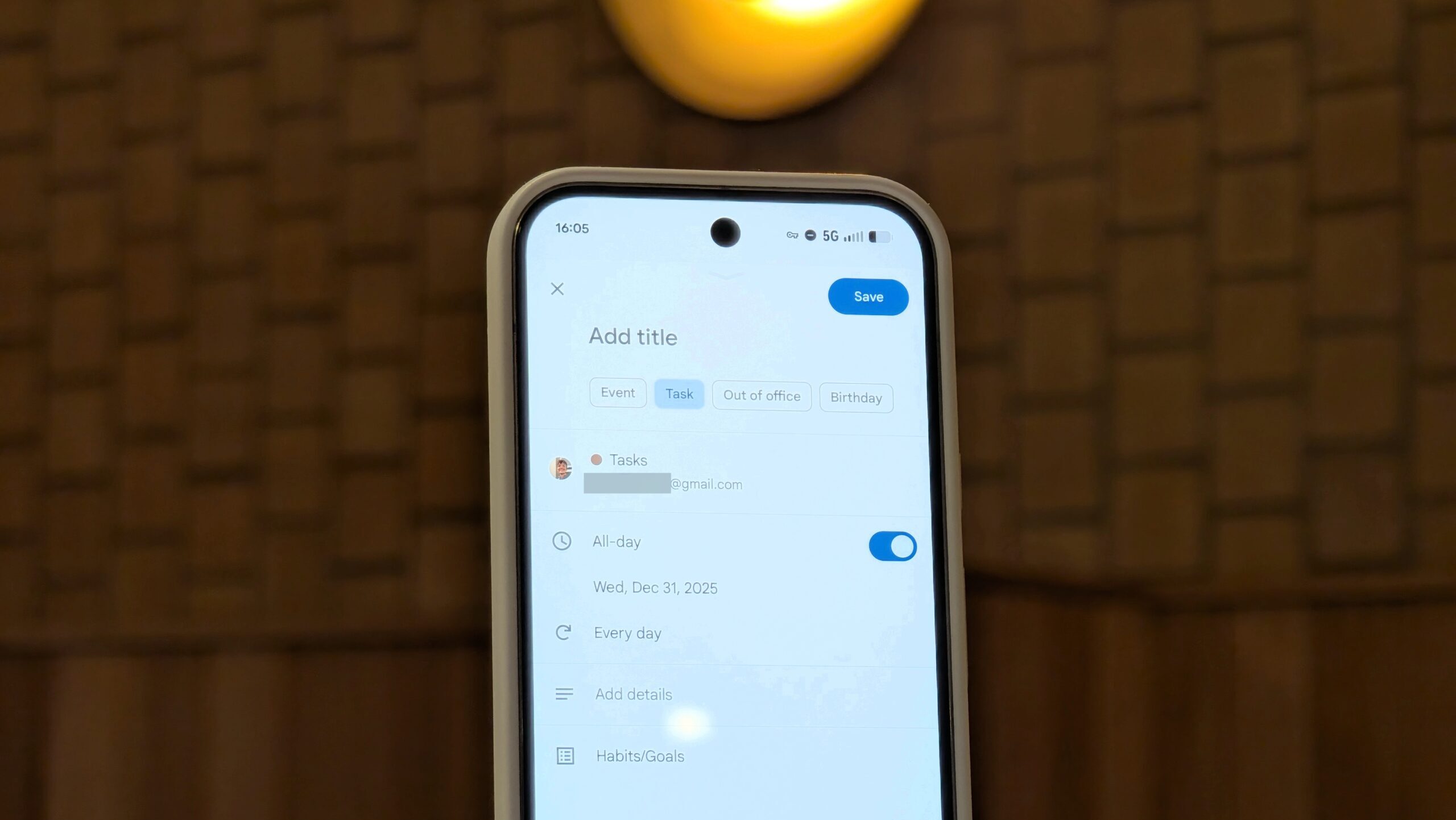 Google Pixel 10 showing Google Calendar's Add New Task screen