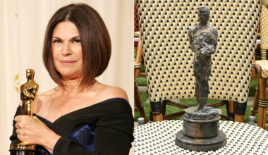 From left: The costume designer after winning for Memoirs of a Geisha in 2006; Colleen Atwood’s fire-scorched Oscar, which the Academy has replaced.