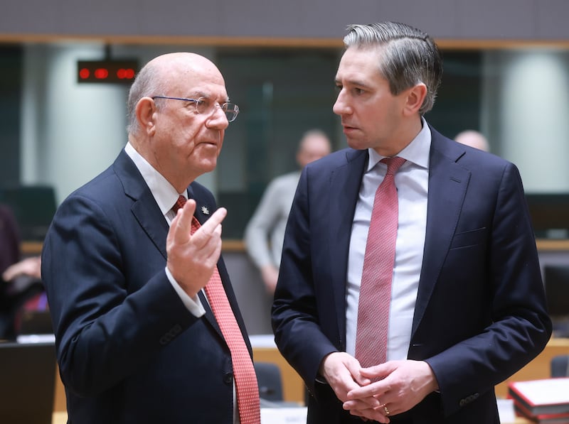 Cypriot finance minister Makis Keravnos Sarmento and Simon Harris during the Economic and Financial Affairs Council meeting in Brussels. Photograph: EPA