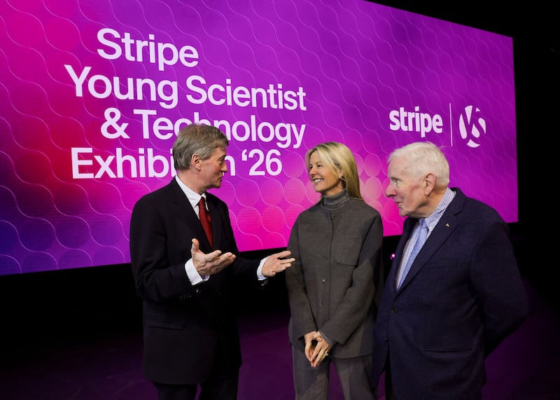 Prof Pat Guiry, chairman of the Young Scientist & Technology Exhibition board, Eileen O’Mara, chief revenue officer at Stripe, and Dr Tony Scott, cofounder of the exhibition, at its 2026 launch. Photograph: Chris Bellew/Fennell Photography 2026