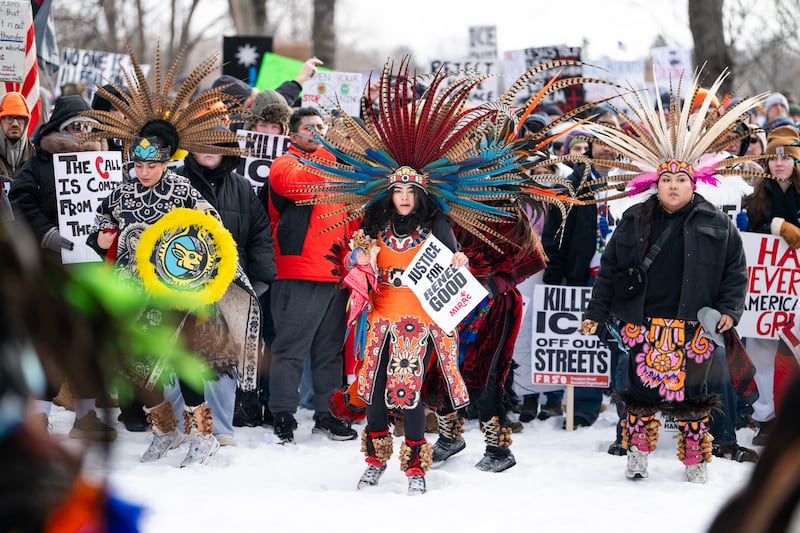 Indigenous dancers perform as people gather for a march to memorialise Renee Nicole Good and against the influx of federal agents in the city at Powderhorn Park on January 10th in Minneapolis, Minnesota. Photograph: Stephen Maturen/Getty Images