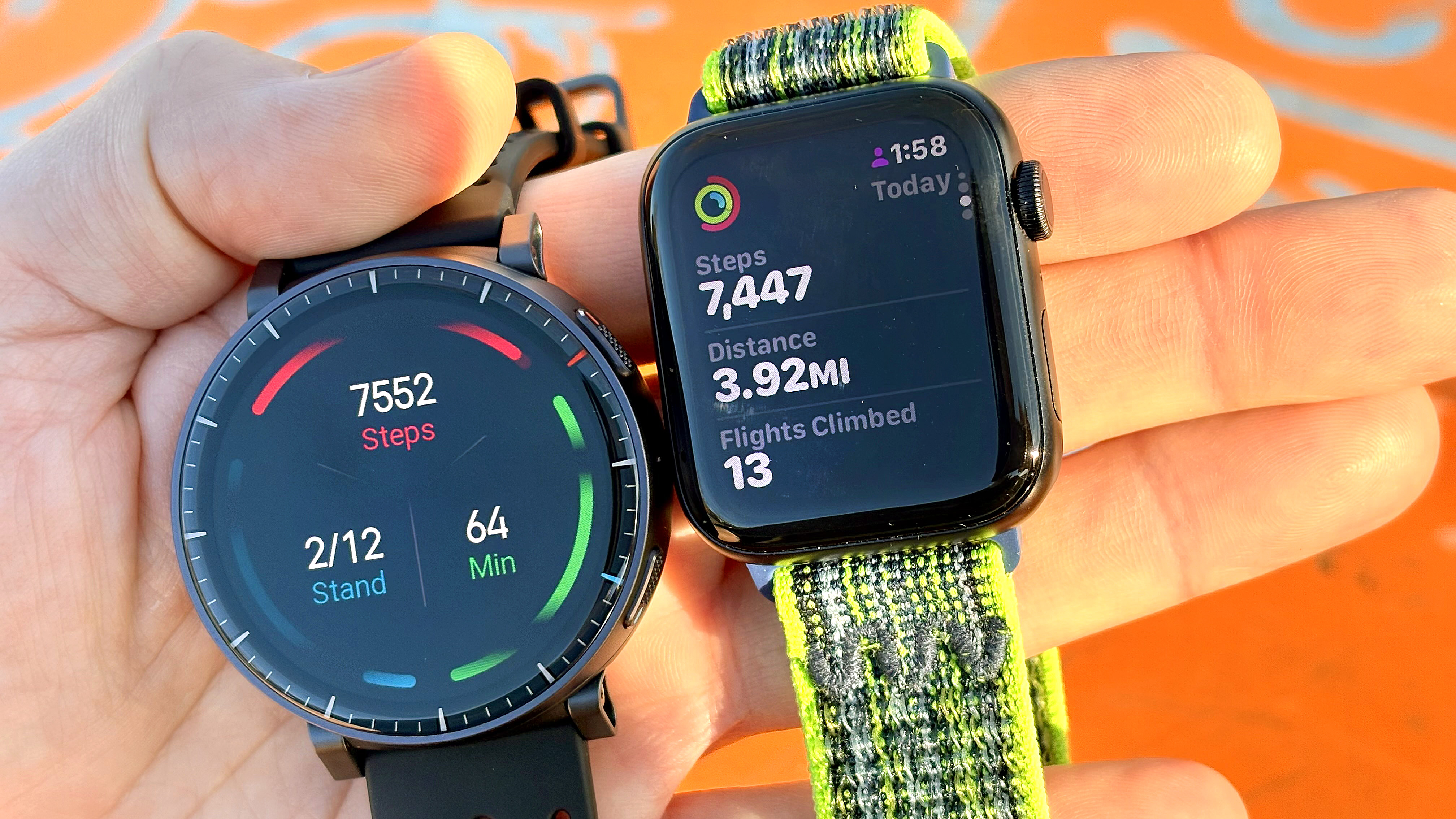 CLose-up of the Apple Watch SE 3 and Amazfit Active Max smartwatches after a 7,500-step walk test comparison