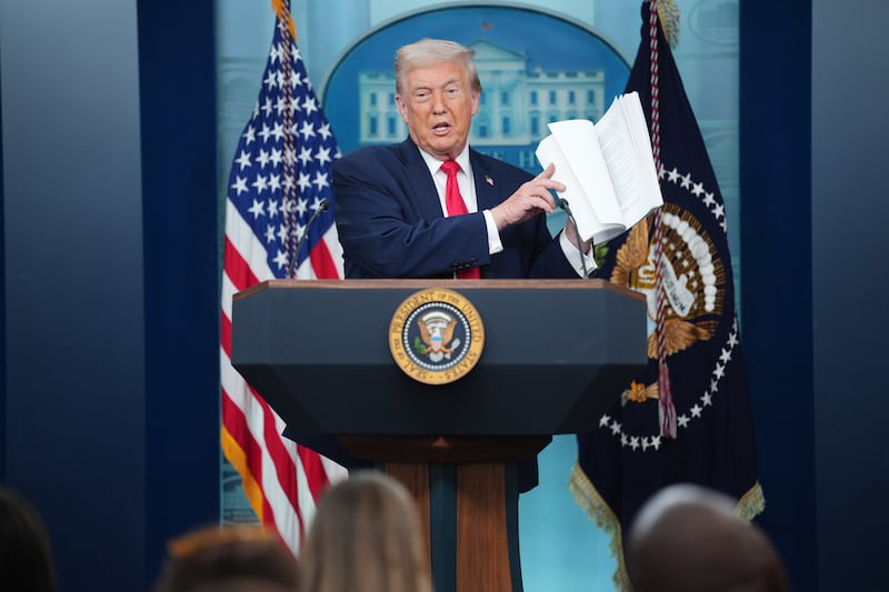 US president Donald Trump speaking to reporters during a briefing at the White House in Washington DC on Tuesday. Photograph by Eric Lee/The New York Times