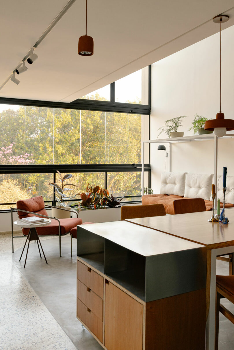 Modern living space with large windows, orange chairs, indoor plants, and wooden furniture, featuring natural light and a view of trees outside.