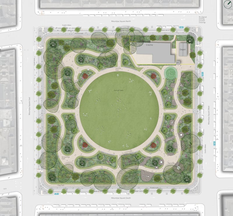 The reimagining of Mountjoy Square park involves the restoration of its original 18th century ornate footpath network with a circular lawn and performance space. Image: Dublin City Council 