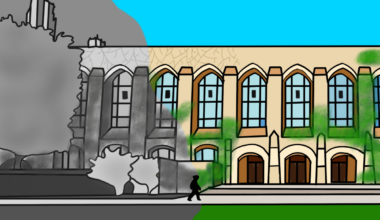 Student walks from dark, wintery side of library to green side of library.