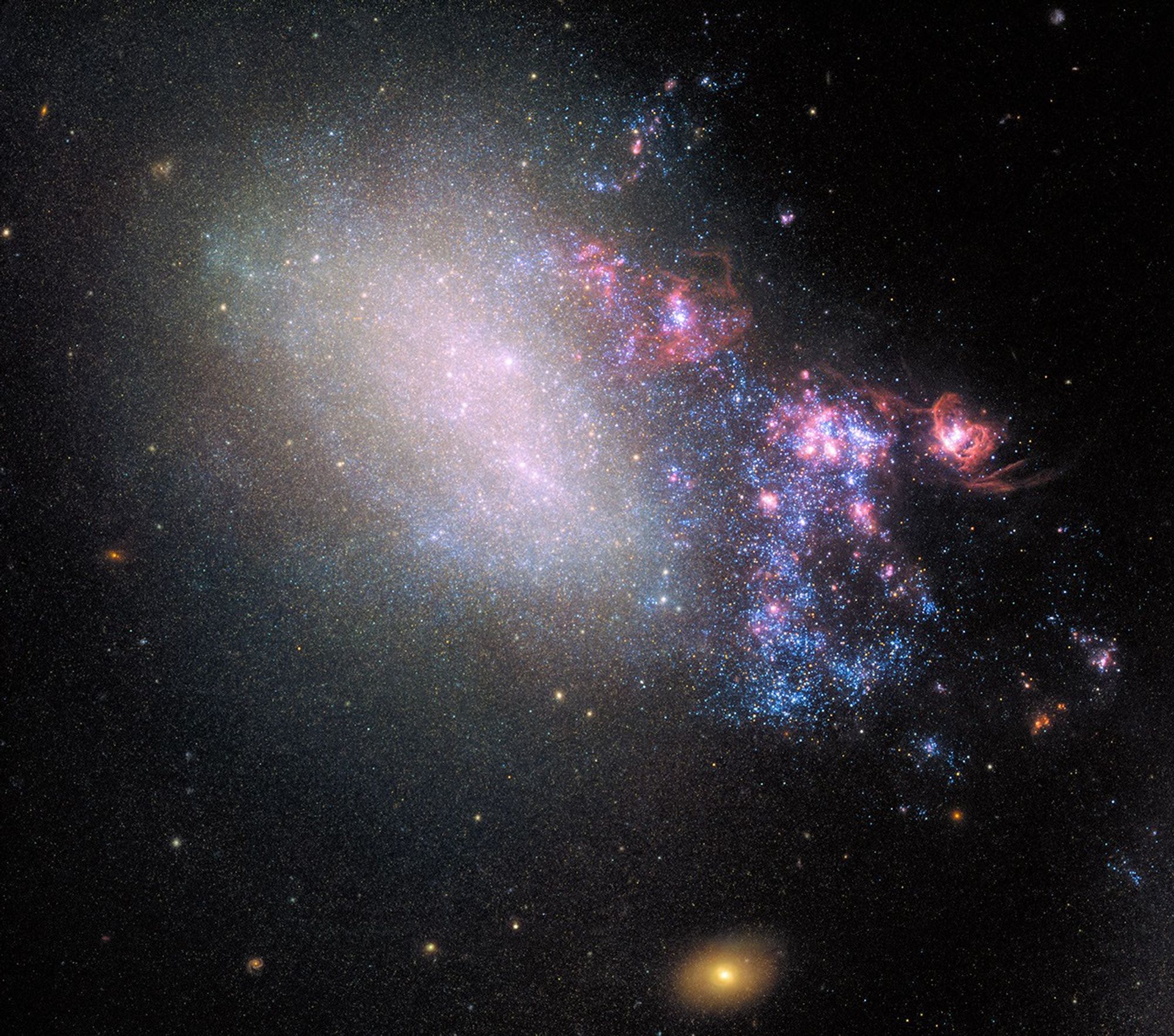 A bright, irregular galaxy with blue and pink star-forming regions is surrounded by scattered stars, as the JWST reveals the universe’s beauty alongside a yellowish galaxy in the lower foreground.