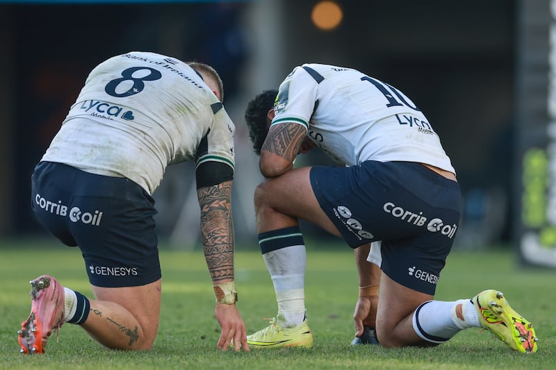 Connacht's Sean Jansen and Josh Ioane dejected after the loss to Montpellier. Photograph: James Crombie/Inpho