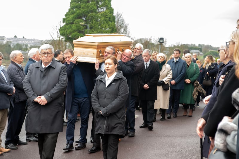 Mourners follow the coffin outside the church on Monday. Photograph: Michael Mac Sweeney/Provision