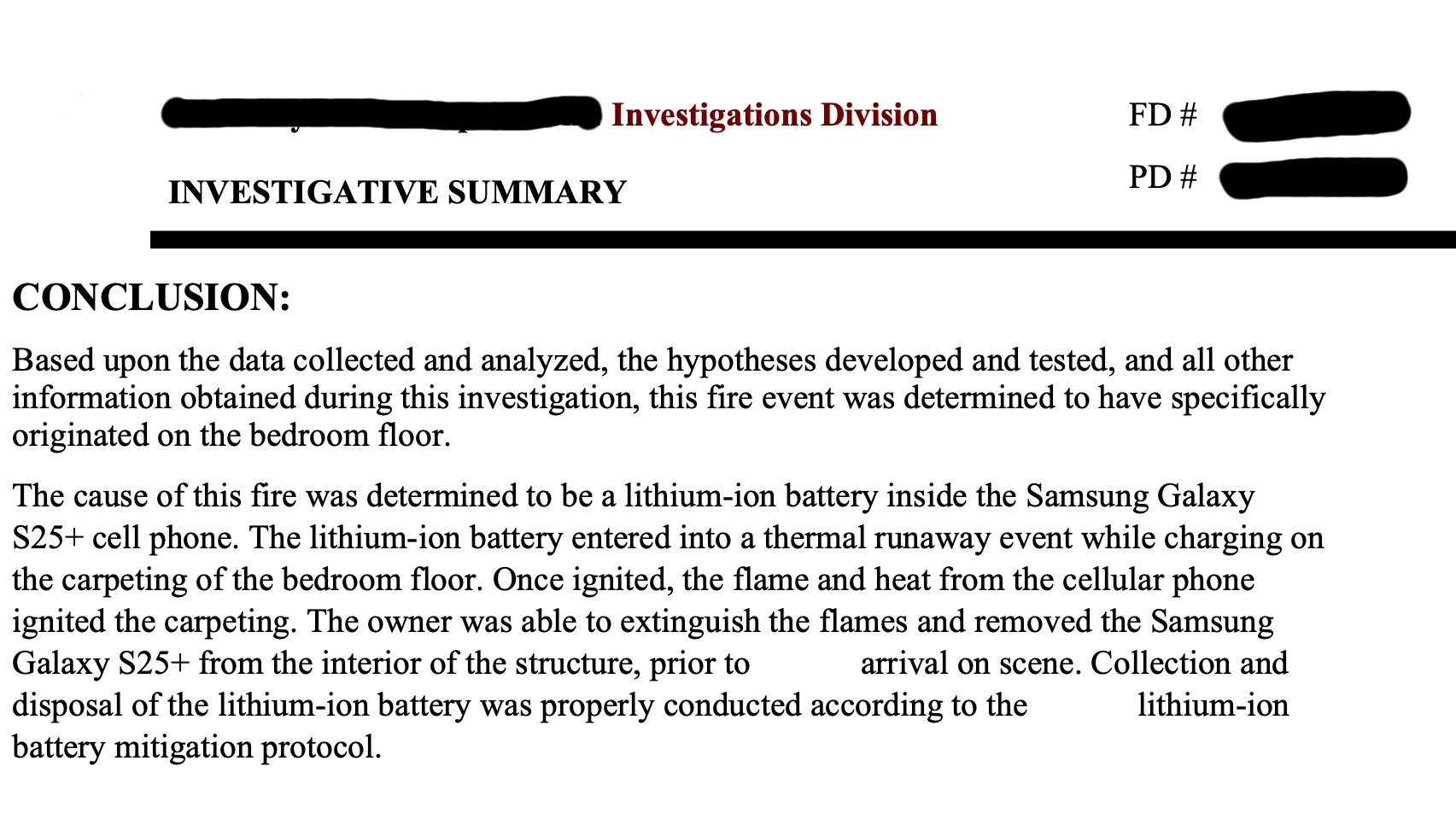 Screenshot from Fire department report galaxy s25 plus