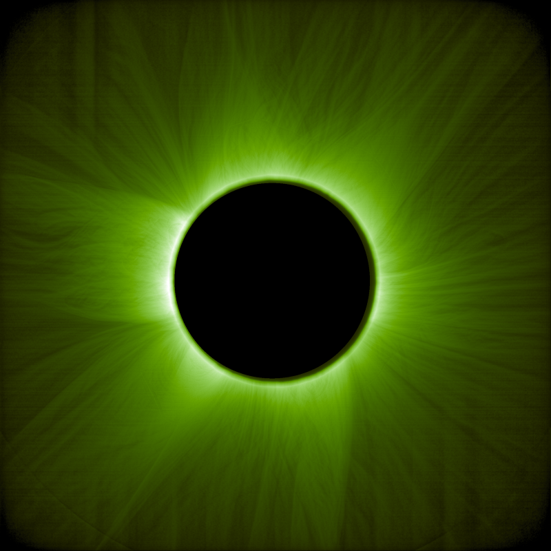 Artificial solar eclipses: A black disk thickly surrounded by green wispy lines streaming outward against a black background.