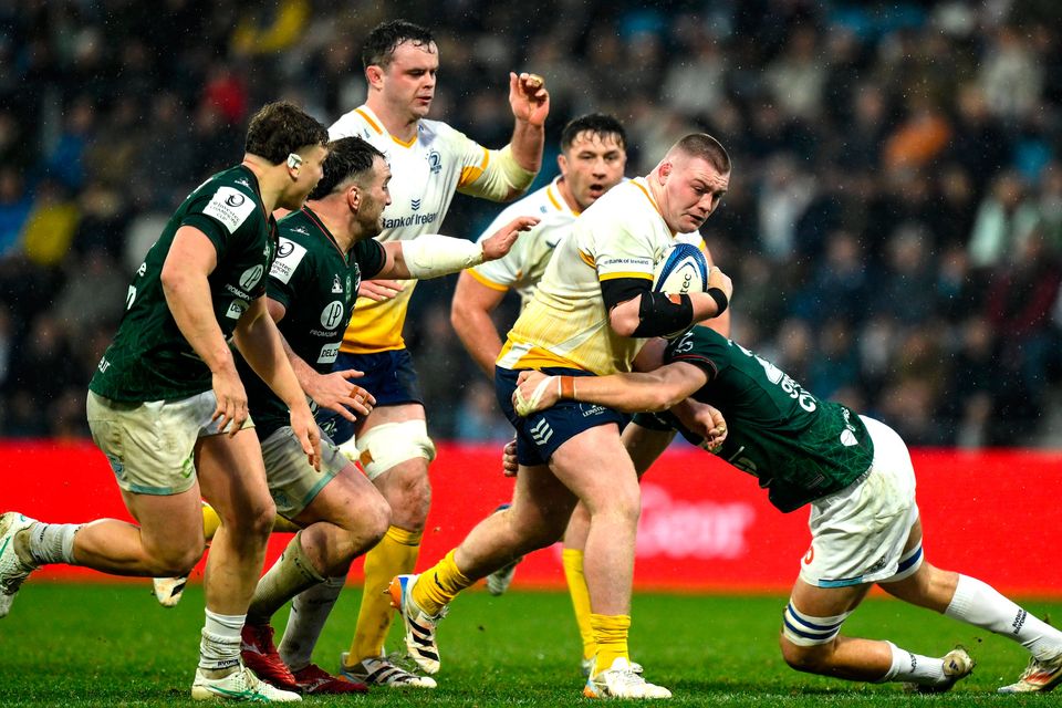 Jack Boyle of Leinster is tackled by Baptiste Heguy of Aviron Bayonnais during the Champions Cup match at the Stade Jean Dauger in Bayonne, France. Photo: Brendan Moran/Sportsfile