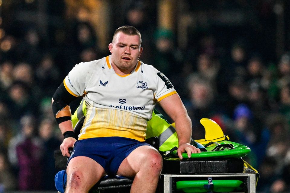 Jack Boyle of Leinster leaves the field on a medical cart after picking up a leg injury against Connacht on Saturday night. Photo: Sam Barnes/Sportsfile
