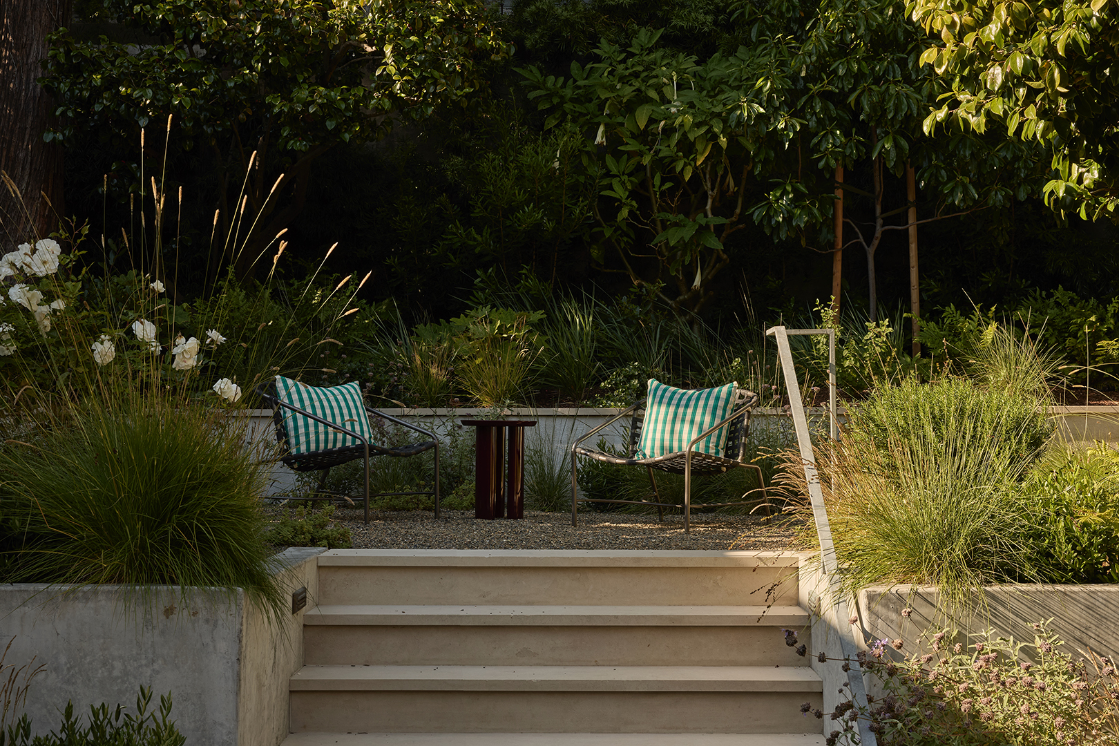 raised patio with outdoor furniture