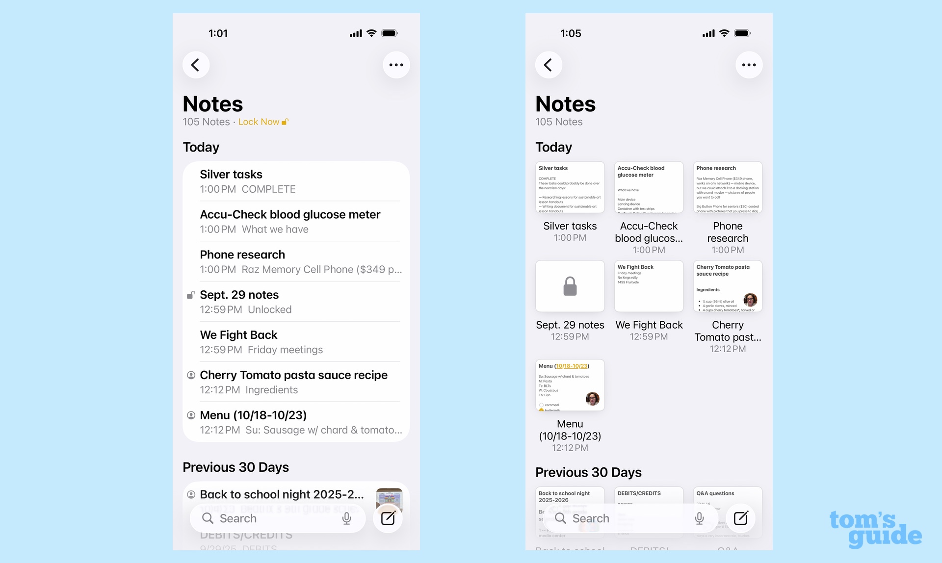 list and gallery layouts for notes