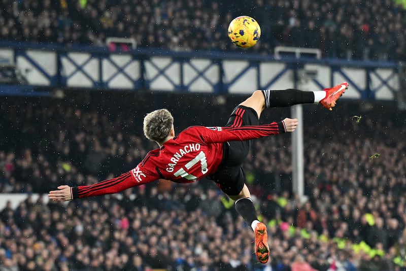 Alejandro Garnacho of Manchester United scores the team's first goal the Premier League match between Everton FC and Manchester United at Goodison Park in 2023. Photograph: Shaun Botterill/Getty Images