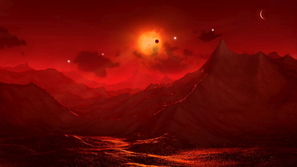 This artist's illustration shows what the view might be from the surface of TRAPPIST-1f. It orbits a dim red dwarf star, and new research examines the idea that photosynthesis could occur in such dim, weak light. Without it, complex life is extremely unlikely. Image Credit: Mark Garlick