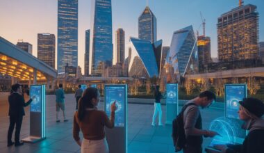 A dynamic, composite image showing a vibrant city skyline in the us, with new infrastructural developments, modern hotels, and tourists interacting with advanced digital signage in the foreground. The image should feel energetic and forward-thinking, highlighting the evolution of the travel sector with an emphasis on growth, innovation, and global tourism. The skyline should be illuminated, symbolizing the bright future of the travel industry.