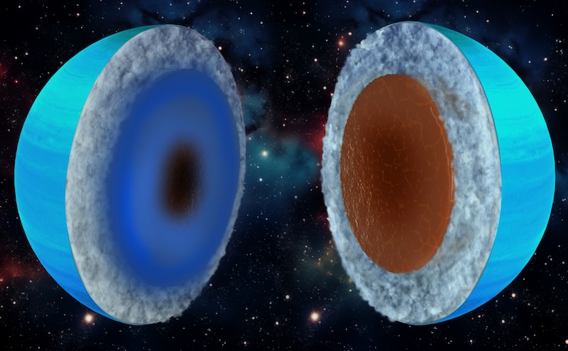 Uranus and Neptune: 2 cutaway views of a bluish planet. One shows a mostly ice interior and the other shows a mostly rock interior.