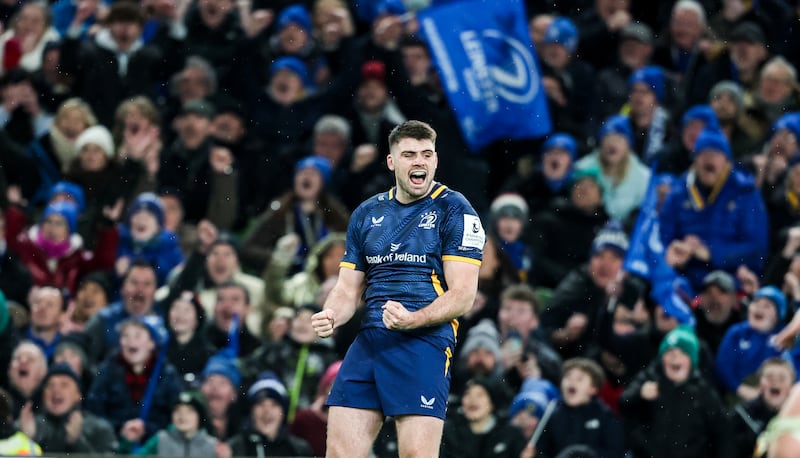 Harry Byrne celebrates after kicking a penalty in the last minute of Leinster's game against La Rochelle. Photograph: Nick Elliott/INPHO