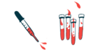 In this illustration, a dropper squirts blood alongside four half-filled vials.