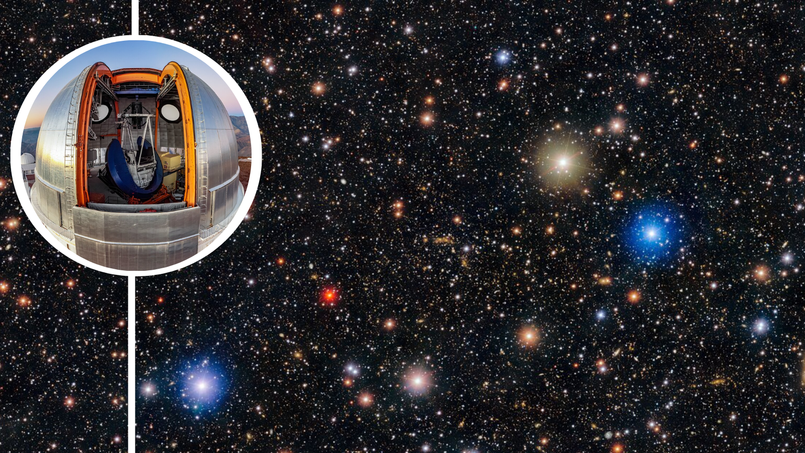 (Main) the colliding galaxy clusters that comprise the bullet cluster as seen by DECam(Inset) the Victor M. Blanco Telescope home of DECam.