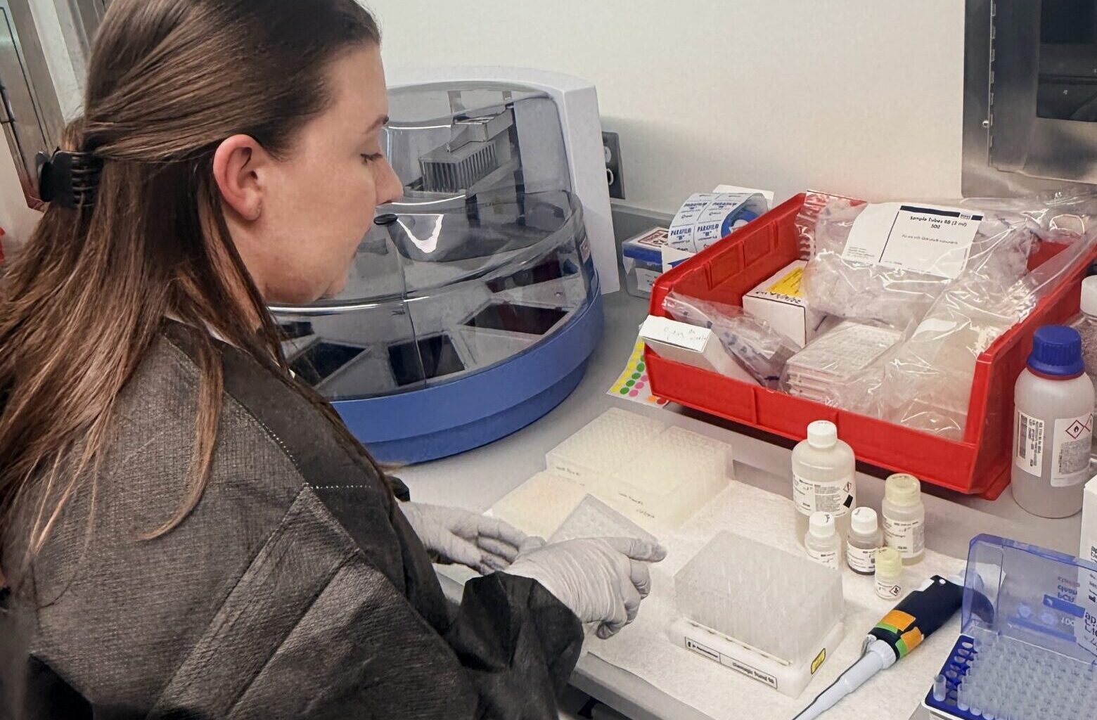 Public Health lab epidemiologist works on wastewater testing samples