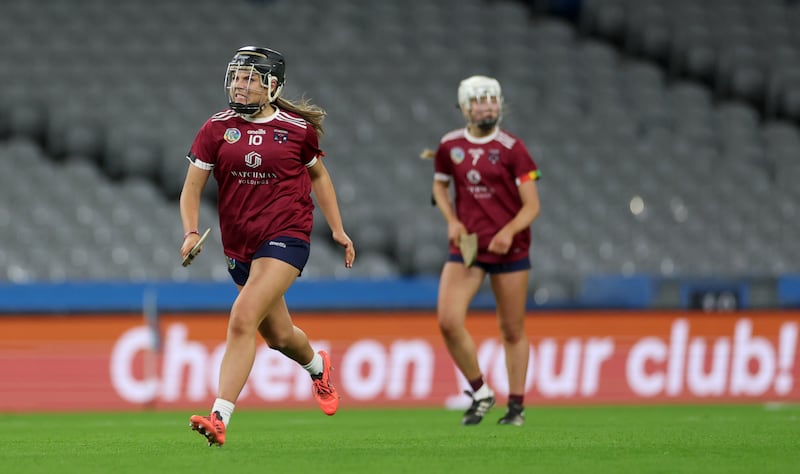 Athenry’s Kayla Madden celebrates scoring the equalising point last month to send the final to a replay. Photograph: James Crombie/INPHO