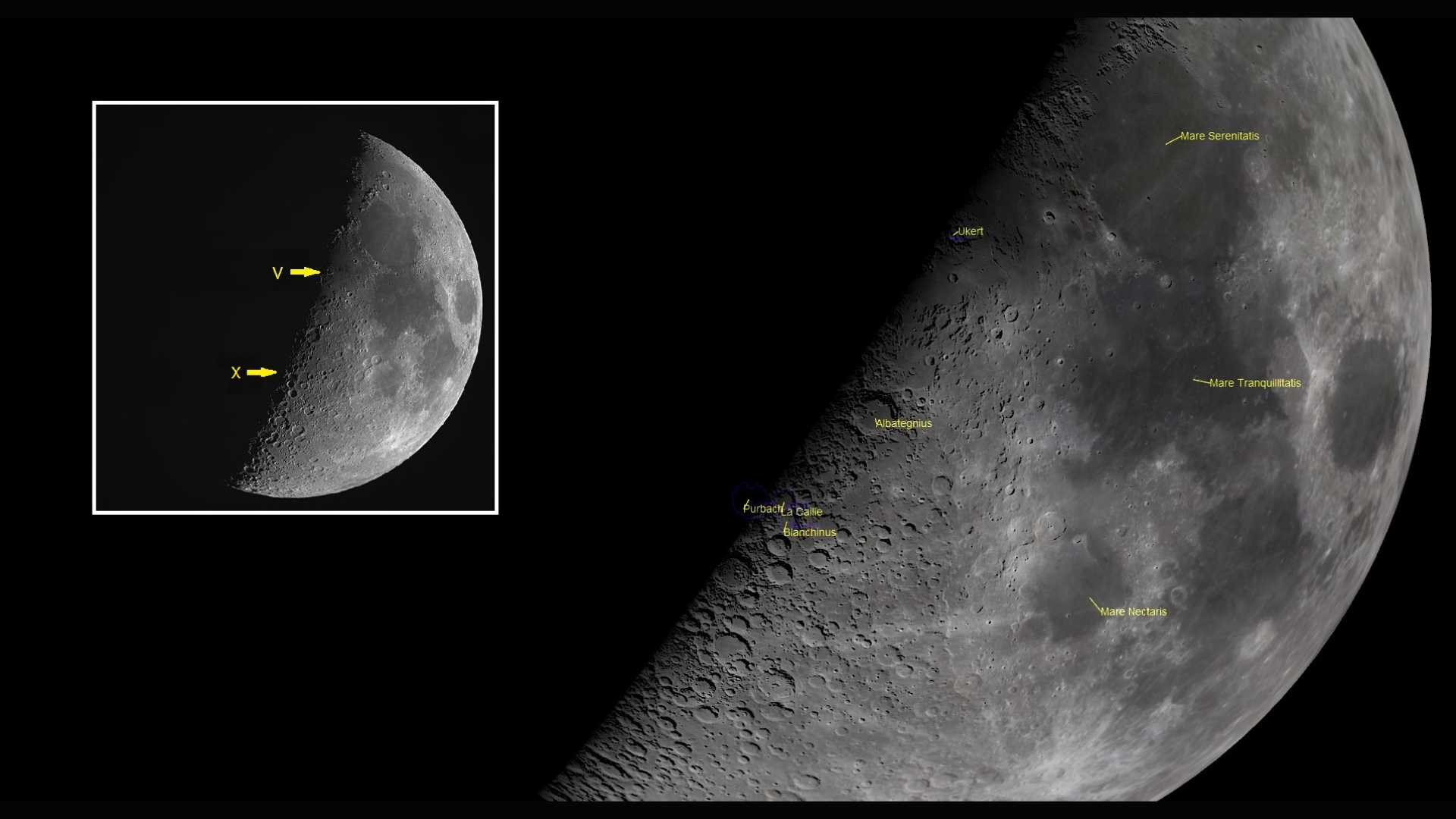 A close up of the surface of the moon, it's right half illuminated with circular craters and dark maria and yellow labels showing key features like the Lunar X. A boxout to the left of the image shows a smaller image of the moon's surface with labels as well