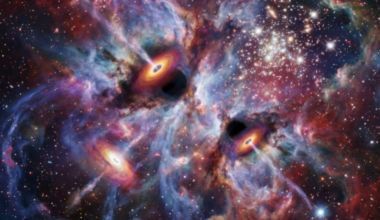 An illustration of black hole seeds greedily feasting on gas and dust in the early universe