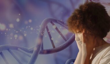 Person holding head in stress with a DNA strand graphic behind, representing genetic links to depression