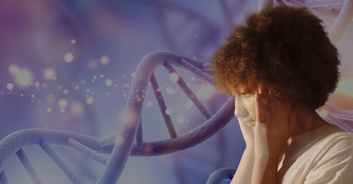 Person holding head in stress with a DNA strand graphic behind, representing genetic links to depression