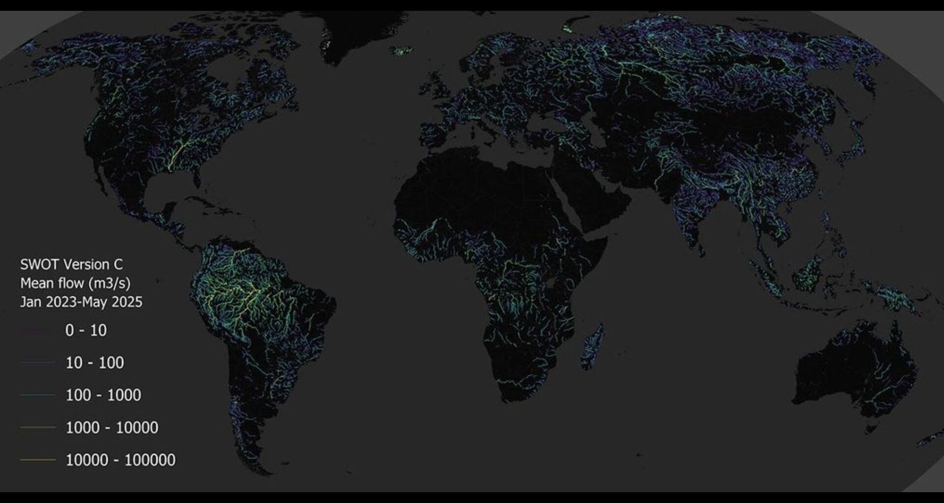 An image of the world with various lines of green and blue showing the river system with a table of numbers on the left showing main flow levels corresponding to various colors.