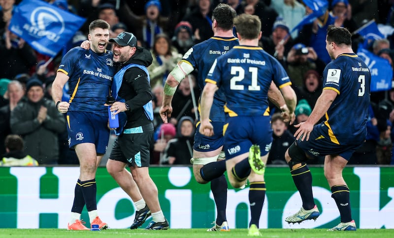 Leinster’s Harry Byrne celebrates after kicking a penalty in the last minute of the game. Photograph: Nick Elliott/Inpho