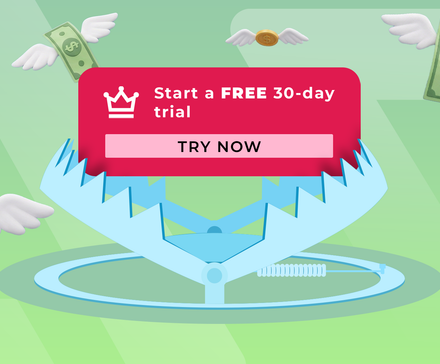 A blue bear trap baited with a red 'Start a FREE 30-day trial' sign, surrounded by flying money with wings.