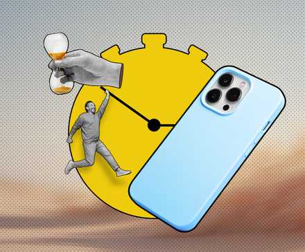 A phone with a case, a hand holding an hourglass, and a clock in the background with a man hanging from the clock's hand.