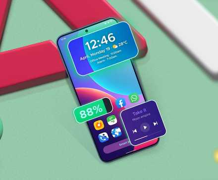 A smartphone with a custom launcher and some geometric shapes around it.