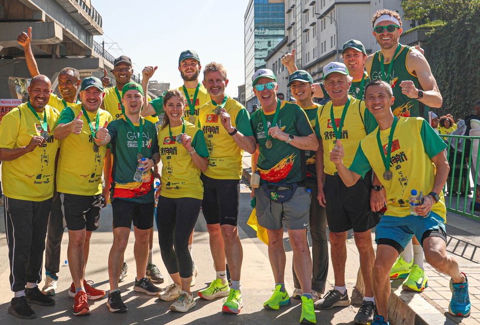 Goal Race Team: Alfie Tucker, Eamon Sharkey, Liz Devine, Ben O’Brien, Liam O’Brien, Mark O’Toole, Amie Wiley, Eamonn Coghlan, Ronan Ryan, Conor Twomey, and Ed Louie, in Addis Ababa.