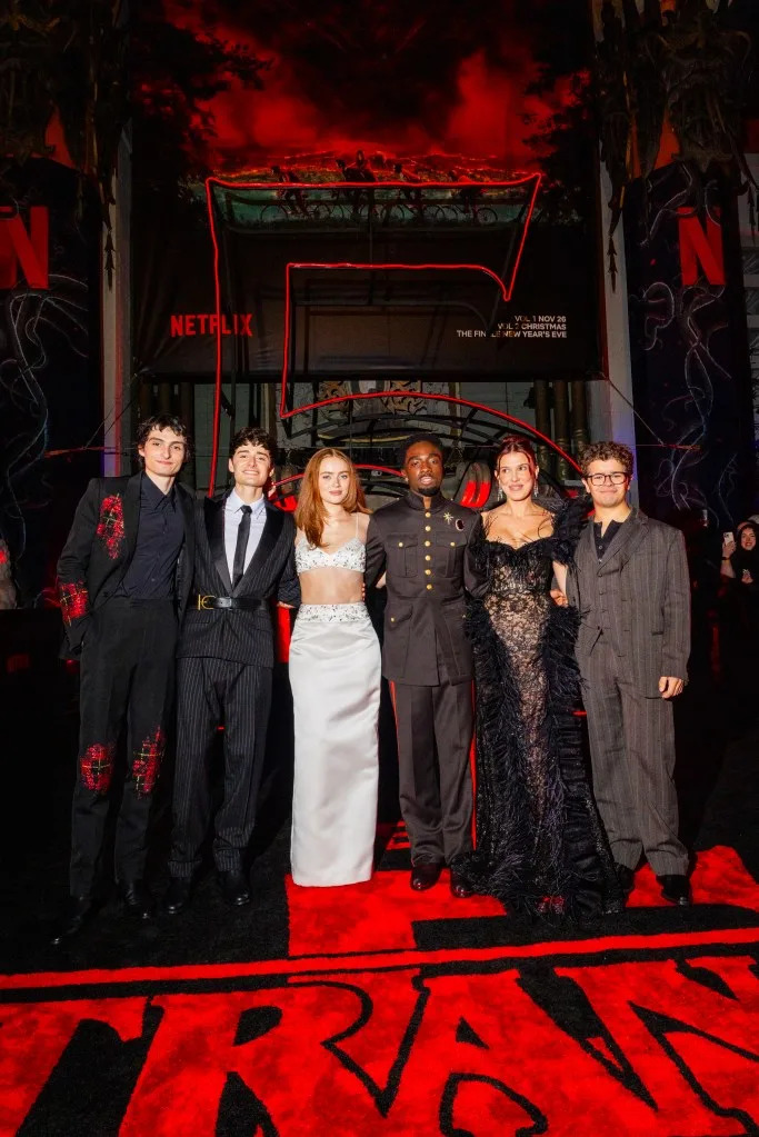 Wolfhard, Schnapp, Sink, McLaughlin, Millie Bobby Brown, and Matarazzo attend the Season 5 premiere of “Stranger Things” on Nov. 6, 2025. Getty Images for Netflix