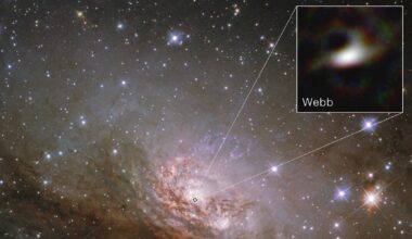 A Hubble image of a spiral galaxy on a starry background, with a boxout showing a James Webb telescope image of the gas and dust swirling around the galaxy's central black hole