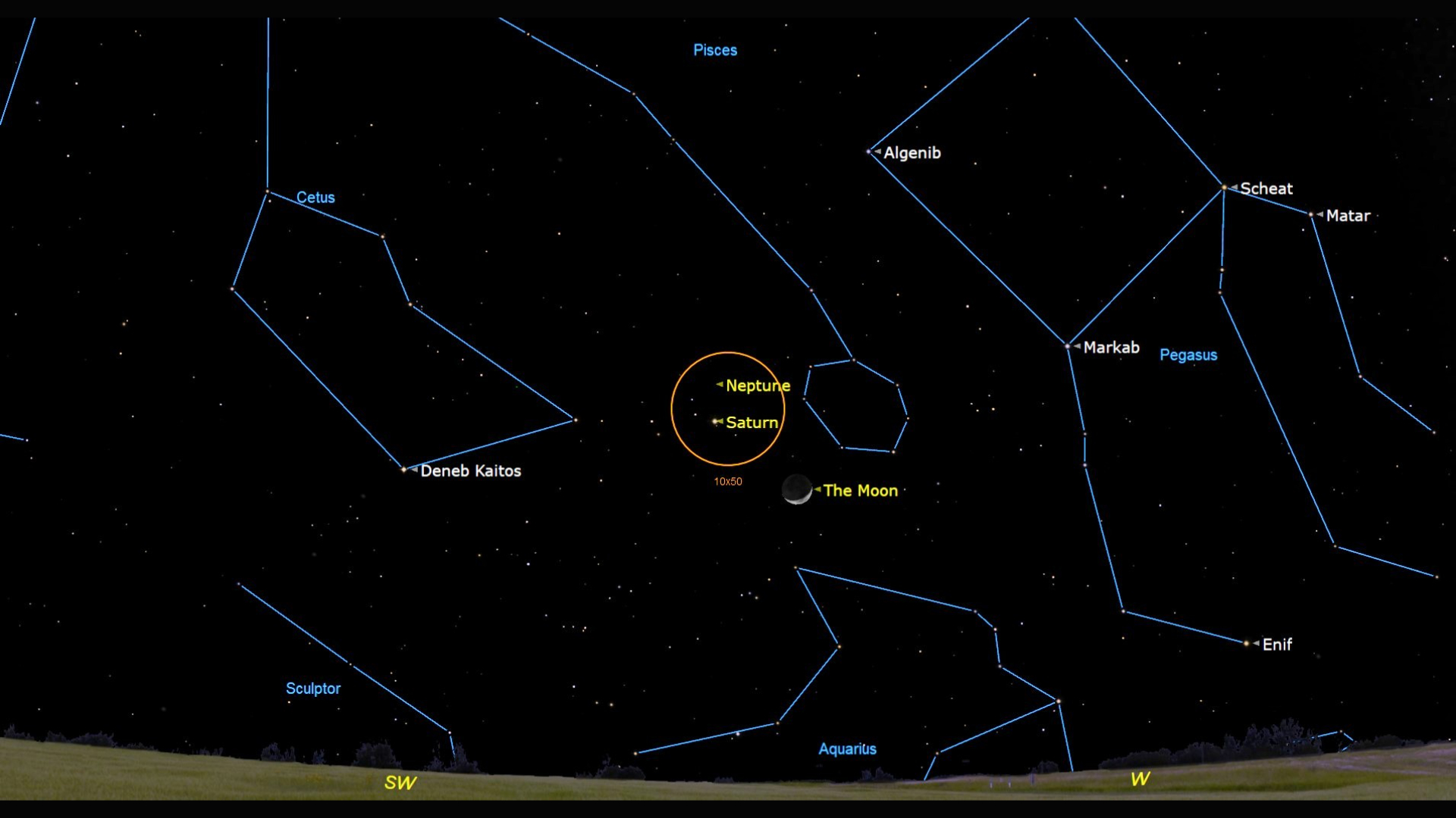 A star map of the night sky with lines for labeled constellations such as Aquarius. In the center of the image is an orange circle that surrounds labeled dots for Saturn and Neptune while to the bottom right of the circle is a labeled crescent moon