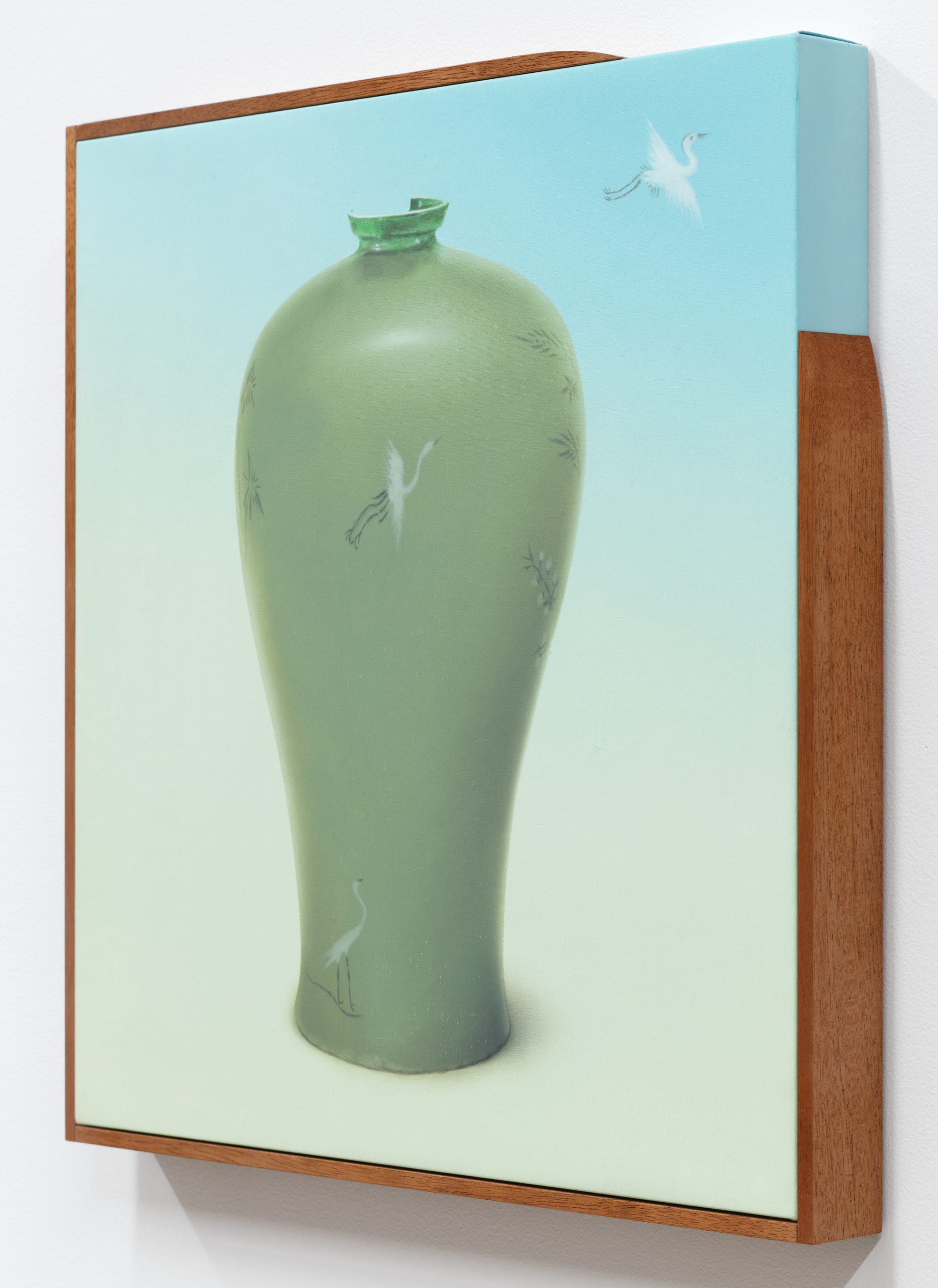 a painting by Dabin Ahn of a delicate vessel in a wooden frame with a cutout on the top right corner