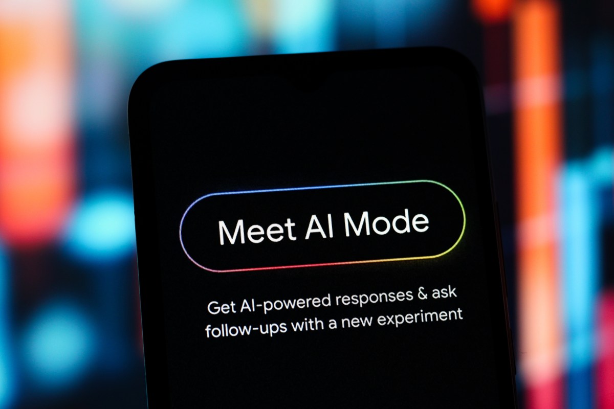In this photo illustration, the Google Meet AI Mode logo is seen displayed on a smartphone screen.